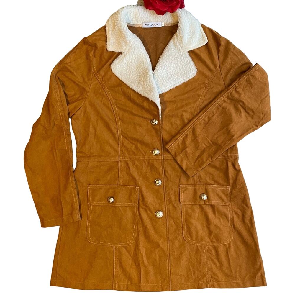 NWOT Misslook Button Up Sherpa Collar Jacket Color Tan Size Large